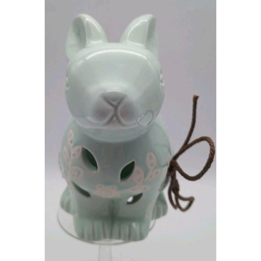 Spring Easter Bunny Ceramic Figurine Rabbit Floral Embossed Cut Outs Mint Green - Picture 2 of 9